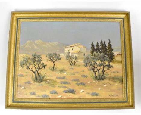 ELY LAUMONIER (French, borm 1895); oil on canvas, 'Grand Mas Prés d'Eygaliéres Alpilles', rural landscape with house and moun