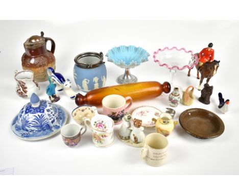 A collection of 19th century and later ceramics and glass ware to include a Mortlake style lidded jug with silver plated cove