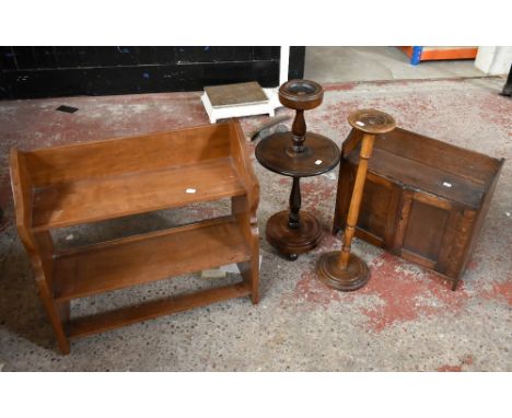An oak wall hanging cupboard with twin doors enclosing single shelf, 48 x 50.5 x 15cm, a set of wall hanging shelves and two 