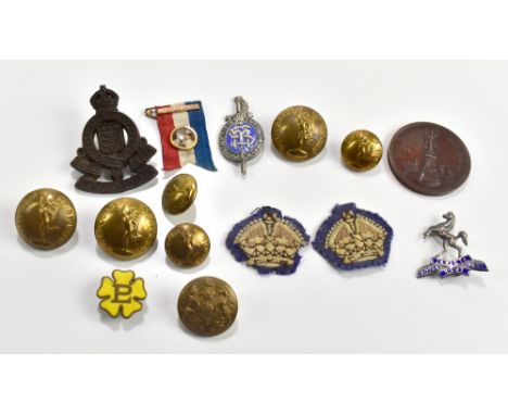 A collection of medals, badges and buttons, including The Bell medal, presented by The Society of Miniature Rifle Clubs, Roya