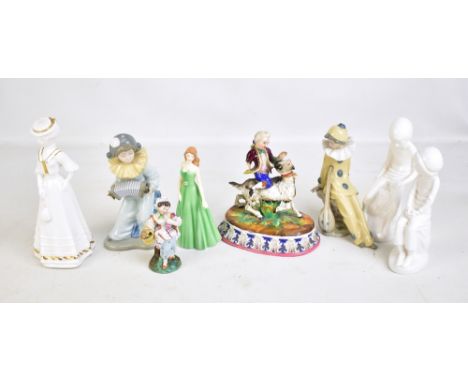 Six ceramic figures with three Spode examples comprising 'Lily', 'Joanna' and 'Simon', two Nao clowns with instruments (both 