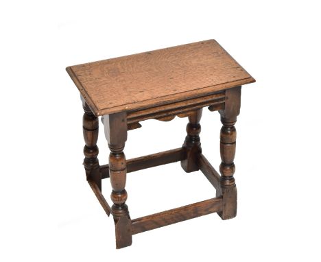 A good quality reproduction oak joint stool on stretchered block supports, height 44.5cm, length 44cm, depth 25cm.Additional 