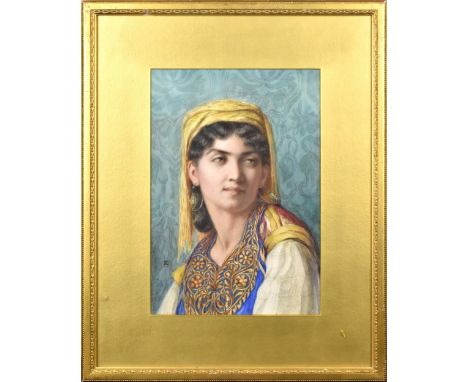 AIMEE EUGENIE DELVILLE-CORDIER (1822-1899); watercolour, portrait of a lady wearing a headdress and floral dress, monogrammed