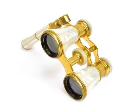 NEGRETTI &amp; ZAMBRA; a pair of mother of pearl gilt brass opera glasses, printed marks to rim.Additional InformationGeneral