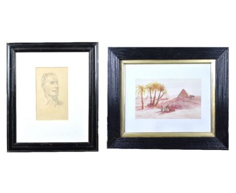ATTRIBUTED TO BRETT HILDER; pencil study 'Norman Hardie', unsigned, inscribed verso 19 x 11.5cm, framed and glazed and a deco