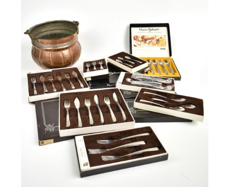 WMF; a group of 'Celtic' brushed stainless steel cutlery and eleven Viners 'Splayds' forks, also a copper swing handled plant