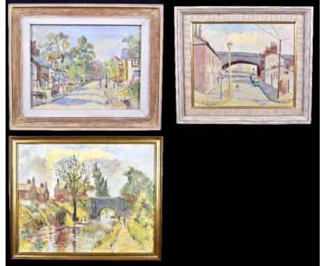 HAROLD H JONES; three oils on board, to include figures walking in a Northern street, signed lower right, 23.5 x 29cm, framed