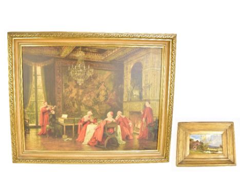 19TH CENTURY ENGLISH SCHOOL; oil on board, rural landscape with two figures in boat and cottage with waterwheel to foreground