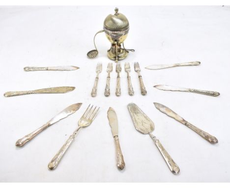 A small collection of assorted silver plate to include egg coddler, assorted flatware.Additional InformationGeneral wear thro
