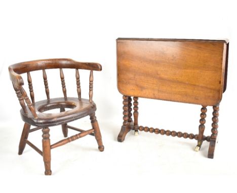 A Victorian mahogany drop leaf Sutherland table, height 52cm, length 51cm, a late 19th elm seated child's commode chair, heig