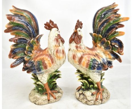 A pair of large decorative crackle glazed ceramic cockerels, apparently unmarked, height 45.5cm.Additional InformationOne wit