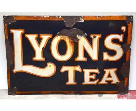 An original advertising bowfronted enamelled sign 'Lyon's Tea', 49.5 x 74cm.Additional InformationMany chips and holes to the