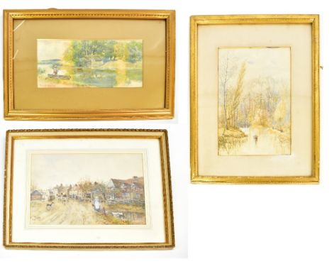 FRED FITCH (FL. 1880-1925); watercolour, village scene with hunting procession, signed lower left, 33 x 43.5cm, a river scene