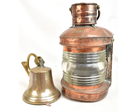 A copper ship's lamp and applied brass plaque 'Nine Hopper' height including swing handle 52cm, together with a gun metal shi