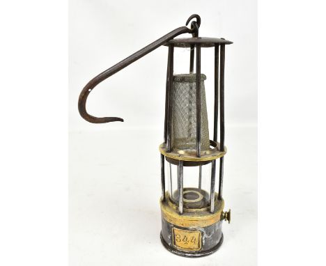 A six bar Clanny-type miner's flame safety lamp, unmarked No.344, height excluding loop attachment 24.5cm (one gauze missing)