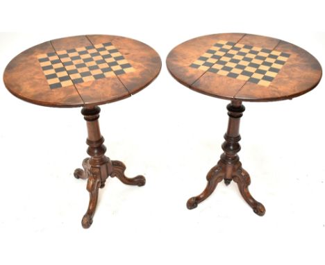 A pair of Victorian walnut and burr walnut dropleaf occasional tables with inlaid chessboards on ring turned columns to three