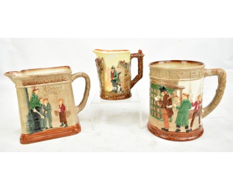 ROYAL DOULTON; three Dickens ware jugs, the two larger featuring scenes from Oliver Twist and the smaller 'Bill Sikes', heigh