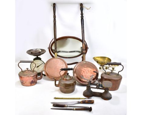 A quantity of assorted metalware to include household scales, copper kettles, warming pans, a mahogany swing toilet mirror et
