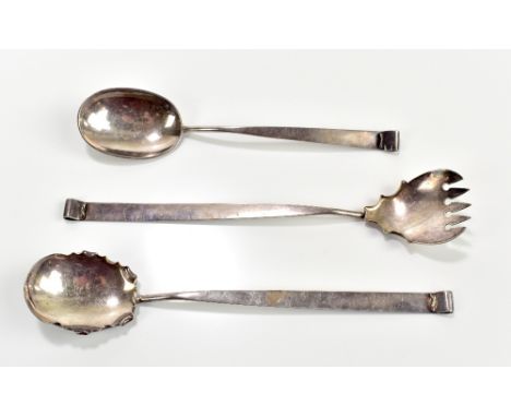 HUKIN &amp; HEATH; a pair of silver plated salad servers in the manner of Dr Christopher Dresser, length 28.5cm, and a simila