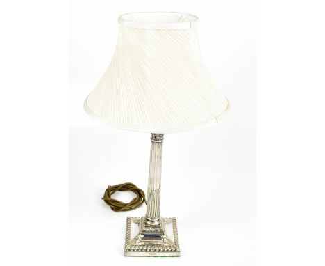HAWKSWORTH, EYRE &amp; CO; an early 20th century silver plated Corinthian column table lamp, impressed marks to base, overall