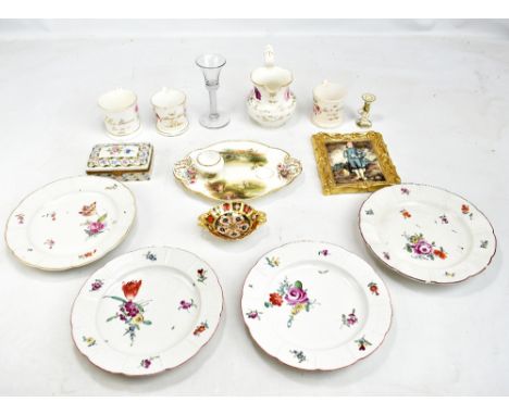 A 19th century hand painted porcelain dressing tray with small jar and candlestick with matching decoration, tray 27 x 20cm, 