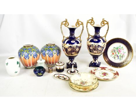 A large pair of Imari decorated twin handled vases, height 43cm, a Hancock &amp; Sons Titian ware small bowl, an Austrian gre