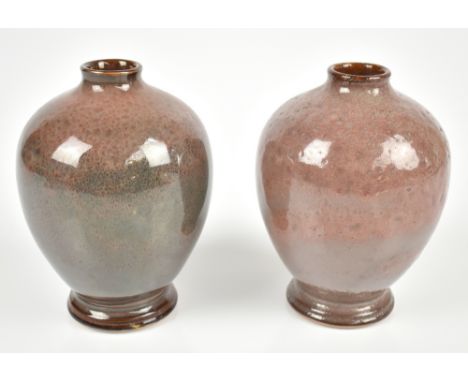A pair of 20th century Chinese Jun-type ovoid vases with mottled purple glaze, both with impressed oracle bone script seal ma