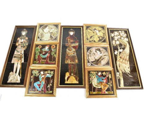 MAW &amp; CO; nine reproduction majolica-type tube line decorated tiles comprising three larger rectangular examples, 59 x 19