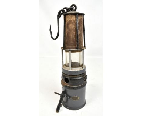 FRIEMANN &amp; WOLF; a tall miner's flame safety lamp with key and hanging hook, height approx 34cm excluding loop attachment