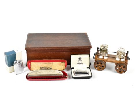 A mixed lot of collectors' items to include a novelty inkwell modelled in the form of a cart, two boxed Longton lighters and 