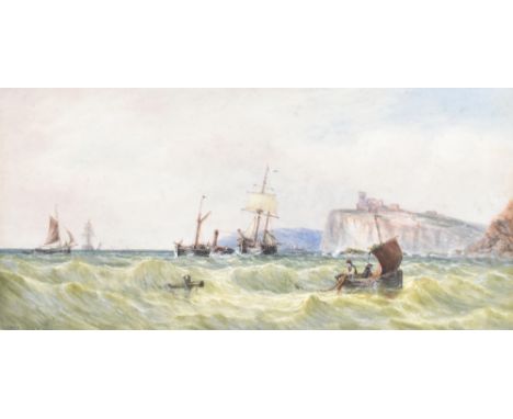 19TH CENTURY ENGLISH SCHOOL; watercolour, 'Peel Castle', coastal scene with boats including paddle steamer in rough seas to f