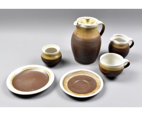 MARIANNE DE TREY (1913-2016); a stoneware coffee set comprising coffee pot, milk jug, sugar bowl, five small cups and saucers