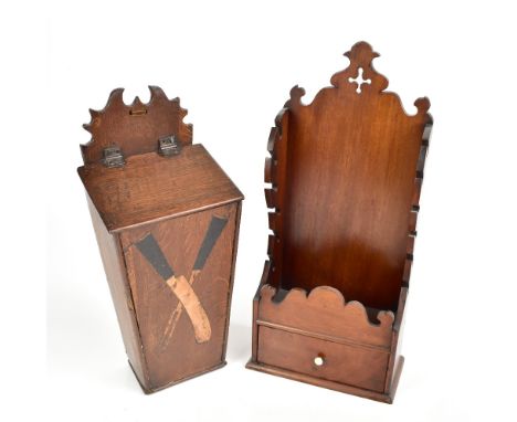 A late 18th/early 19th century oak knife box with inlay detail of knife and fork to front, 48 x 21 x 14cm, and a mahogany six