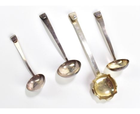RF &amp; CO; three Arts &amp; Crafts silver plated ladles, length of largest example 16cm, and a silver plated ladle with par