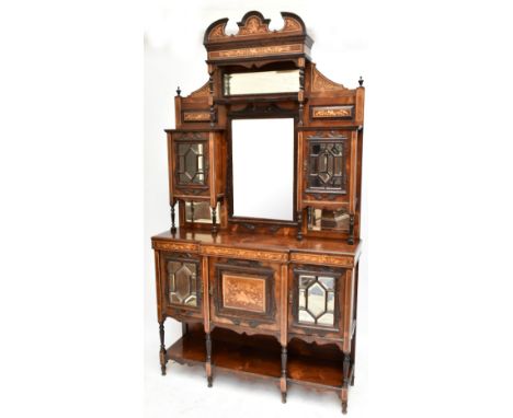 A late Victorian rosewood and inlaid mirror back sideboard, the upper section with two bevelled mirrors flanked by twin astra