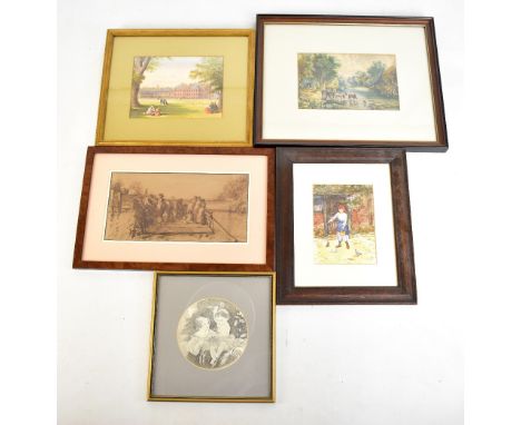 A late 19th/early 20th century watercolour depicting a horse and cart crossing a river, unsigned, 14 x 21.5cm, a further wate