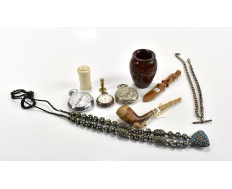 A hallmarked silver watch chain with T-bar, overall length 46cm, a Smiths chrome pocket watch, a Cornish serpentine vase, hei