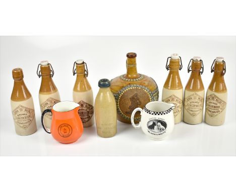 A small collection of assorted advertising ceramics, including six John Milne Ginger Beers, also a Blue Top Ginger Beer from 