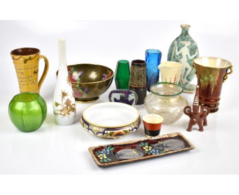 A mixed lot of assorted ceramics and glassware to include a Maling bowl decorated with fruit inside gilt scrolls, Noritake bo