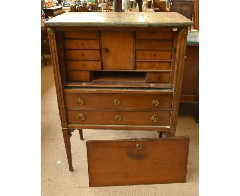 A 19th century continental mahogany cabinet with marble top, for restoration, the upper section with fitted arrangement of si