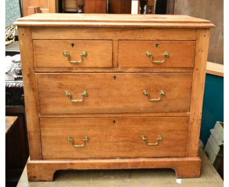 A late 19th century pine chest of two short over two long drawers, raised on bracket feet, height 79cm, width 86cm, depth 43c