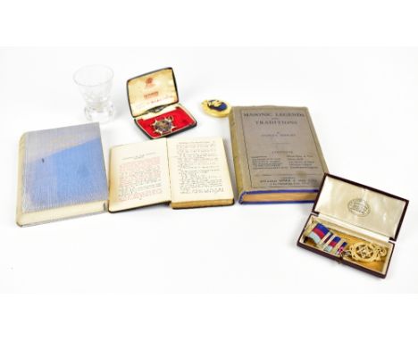 A small collection of Masonic ephemera to include a hallmarked silver and enamelled pendant entitled 'Cheshire Masonic Charit