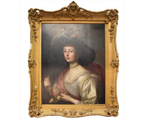 CIRCLE OF GERRIT VAN HONTHORST; oil on panel, portrait of a woman wearing a hat and holding flowers, bearing signature and in