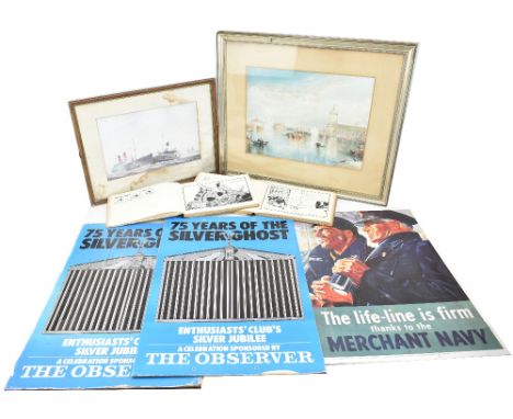 Two Rolls-Royce '75 Years of the Silver Ghost' Enthusiasts Club posters, each 76 x 50cm, a Telegraph reproduction Merchant Na