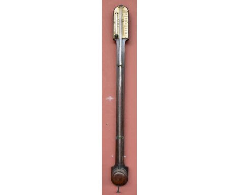 ABRAHAM &amp; CO OF LIVERPOOL; a 19th century mahogany stick barometer and thermometer with applied ivory dial and ball ciste