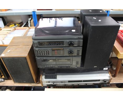 A vintage Waltham stereo system with speakers together with a Sanyo hifi with speakers