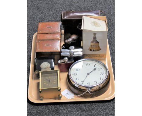 A circular oak Smiths wall clock together with hip flasks, leather cased bridge set, Bells Scotch Whisky decanter, carriage c