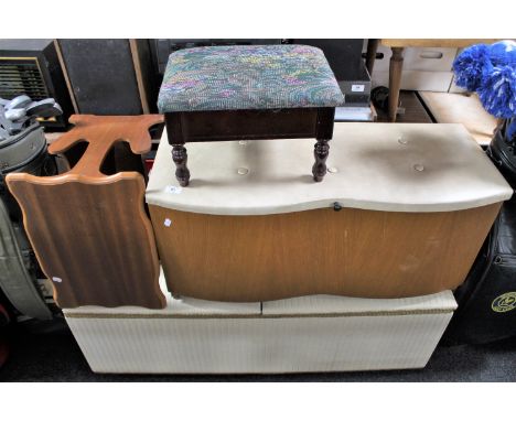 Two late 20th century blanket boxes together with a tapestry upholstered storage footstool and a teak magazine rack