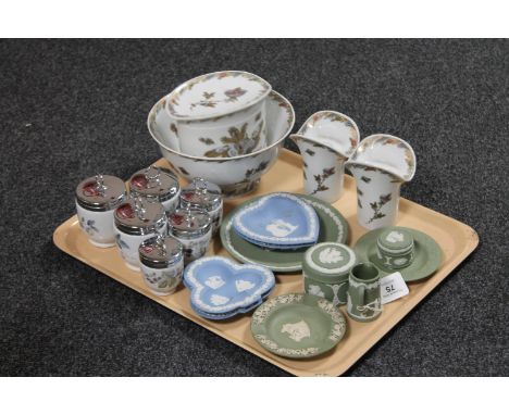 A tray of ten pieces of Wedgwood Jasper ware together with six Royal Worcester egg coddlers and four pieces of German china