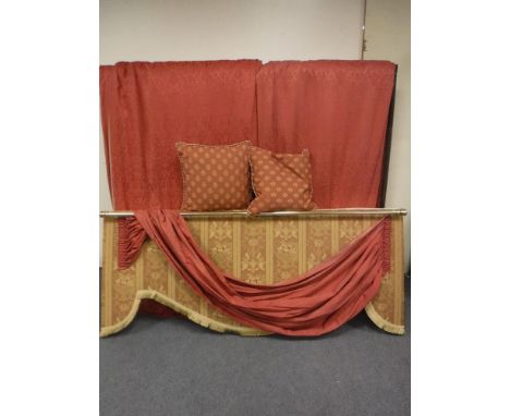 Three pairs of fully lined curtains, drop 300 cm with pelmets, tie backs and similar cushions  CONDITION REPORT: Generally in